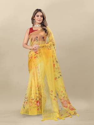 Vedant Vastram Organza Floral Printed Yellow Saree 1