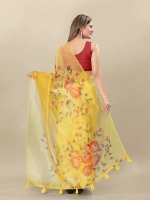 Vedant Vastram Organza Floral Printed Yellow Saree 4