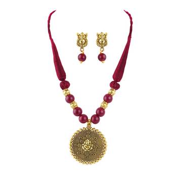 Gold plated oxidized german ganesha beaded necklaces set with cotton adjustable thread for women and girls. 1