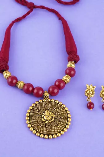 Gold plated oxidized german ganesha beaded necklaces set with cotton adjustable thread for women and girls.