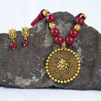 Gold plated oxidized german ganesha beaded necklaces set with cotton adjustable thread for women and girls. 3