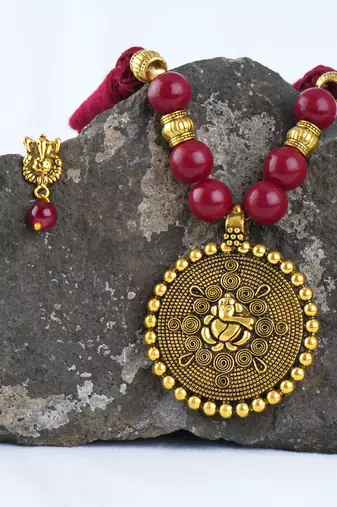Gold plated oxidized german ganesha beaded necklaces set with cotton adjustable thread for women and girls.