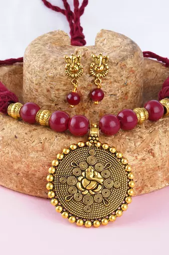 Gold plated oxidized german ganesha beaded necklaces set with cotton adjustable thread for women and girls.