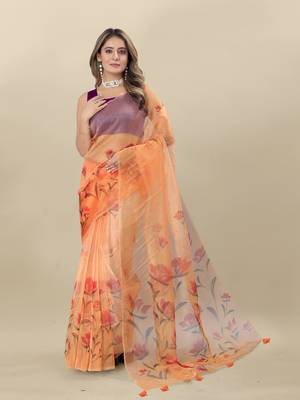 Peach Printed Organza Organza Sarees 1