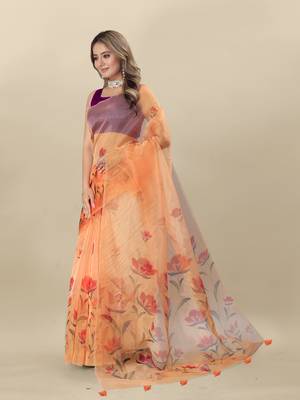 Peach Printed Organza Organza Sarees 2