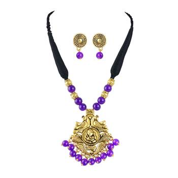 Gold plated oxidized german ganesha beaded necklaces set with cotton adjustable thread for women and girls. 1