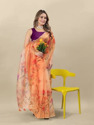 Peach Printed Organza Organza Sarees 3