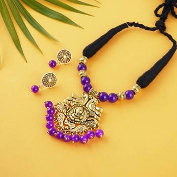 Gold plated oxidized german ganesha beaded necklaces set with cotton adjustable thread for women and girls. 2