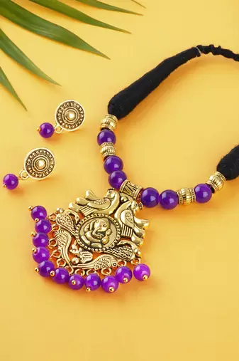 Gold plated oxidized german ganesha beaded necklaces set with cotton adjustable thread for women and girls.