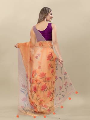 Peach Printed Organza Organza Sarees 4