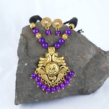 Gold plated oxidized german ganesha beaded necklaces set with cotton adjustable thread for women and girls. 3