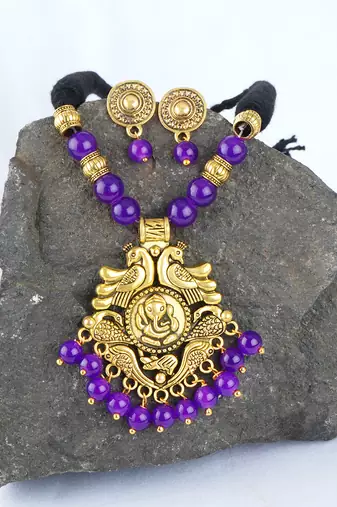 Gold plated oxidized german ganesha beaded necklaces set with cotton adjustable thread for women and girls.