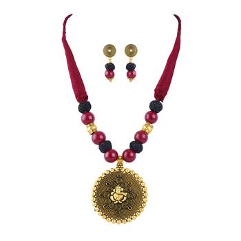 Gold plated oxidized german ganesha beaded necklaces set with cotton adjustable thread for women and girls. 1