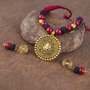 Gold plated oxidized german ganesha beaded necklaces set with cotton adjustable thread for women and girls. 2