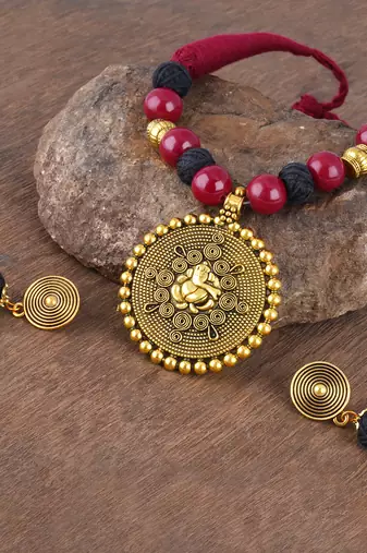 Gold plated oxidized german ganesha beaded necklaces set with cotton adjustable thread for women and girls.