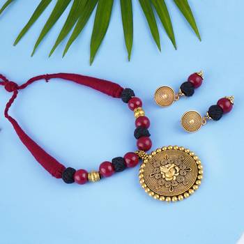 Gold plated oxidized german ganesha beaded necklaces set with cotton adjustable thread for women and girls. 3