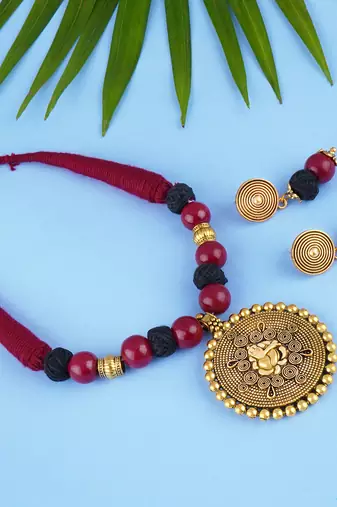 Gold plated oxidized german ganesha beaded necklaces set with cotton adjustable thread for women and girls.