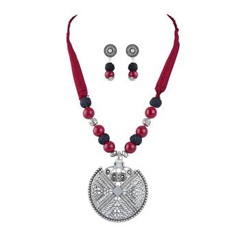 Silver plated oxidized german beaded necklaces set with adjustable thread for women and girls.(maroon & black) 1