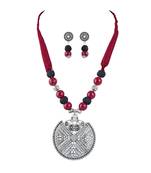 Silver plated oxidized german beaded necklaces set with adjustable thread for women and girls.(maroon & black)