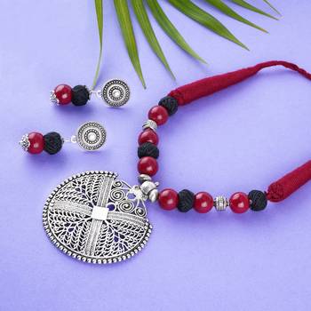 Silver plated oxidized german beaded necklaces set with adjustable thread for women and girls.(maroon & black) 2