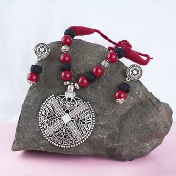 Silver plated oxidized german beaded necklaces set with adjustable thread for women and girls.(maroon & black) 3