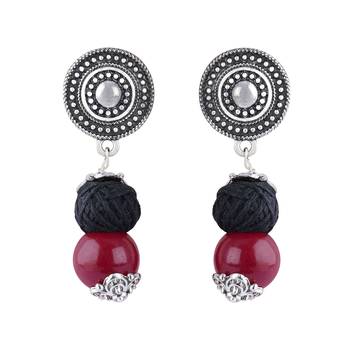 Silver plated oxidized german beaded necklaces set with adjustable thread for women and girls.(maroon & black) 4
