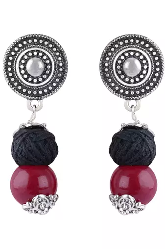 Silver plated oxidized german beaded necklaces set with adjustable thread for women and girls.(maroon & black)