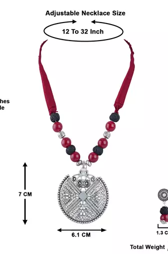 Silver plated oxidized german beaded necklaces set with adjustable thread for women and girls.(maroon & black)