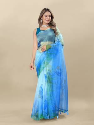 Turquoise Printed Organza Organza Sarees 1