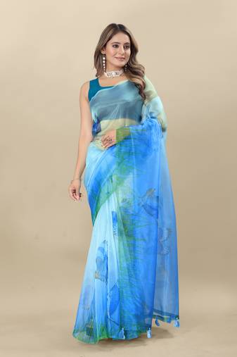 Turquoise Printed Organza Organza Sarees