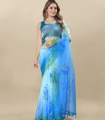 Turquoise Printed Organza Organza Sarees