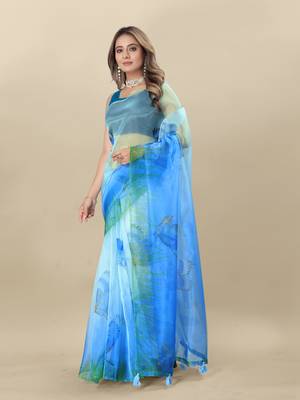 Turquoise Printed Organza Organza Sarees 2