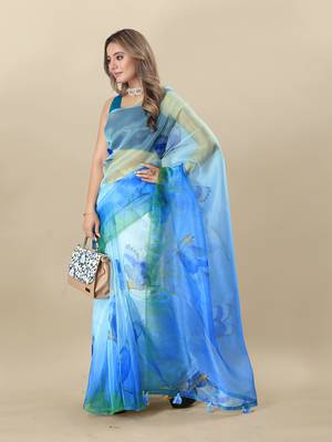 Turquoise Printed Organza Organza Sarees 3