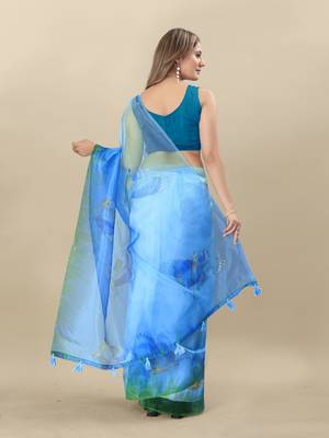 Turquoise Printed Organza Organza Sarees 4