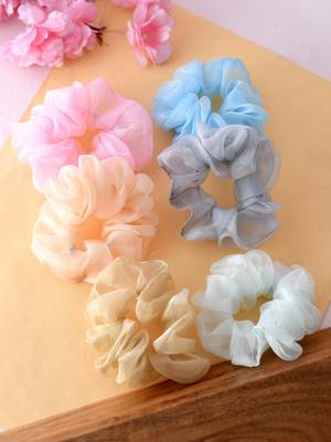 Set of 6 multi colored organza scrunchies ponytail holders 1