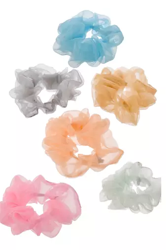 Set of 6 multi colored organza scrunchies ponytail holders