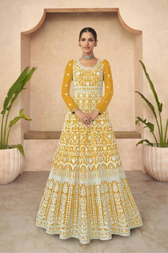 YellowHeavy Designer Embroidery WorkGeorgetteSemistichedLong Length KameezPantparty wear salwarsuit