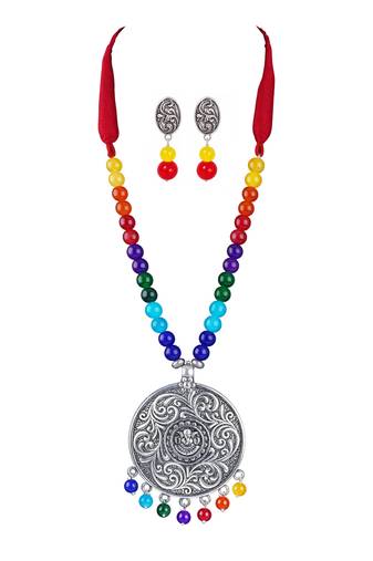 Silver plated oxidized german silver ganesha pendant with multicolor cotton thread beads necklace set with adjustable