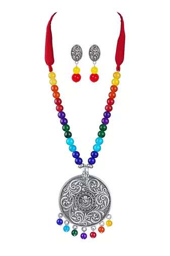 Silver plated oxidized german silver ganesha pendant with multicolor cotton thread beads necklace set with adjustable