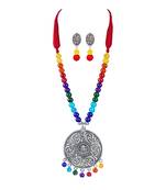Silver plated oxidized german silver ganesha pendant with multicolor cotton thread beads necklace set with adjustable