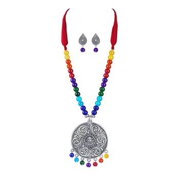 Silver plated oxidized german silver ganesha pendant with multicolor cotton thread beads necklace set with adjustable 1