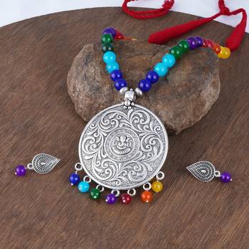Silver plated oxidized german silver ganesha pendant with multicolor cotton thread beads necklace set with adjustable 2