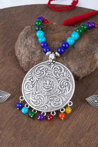 Silver plated oxidized german silver ganesha pendant with multicolor cotton thread beads necklace set with adjustable
