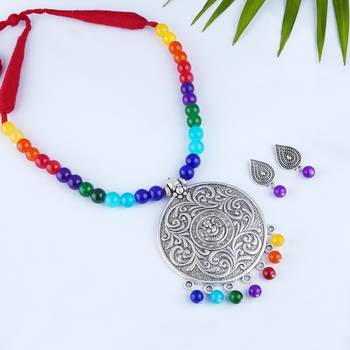 Silver plated oxidized german silver ganesha pendant with multicolor cotton thread beads necklace set with adjustable 3
