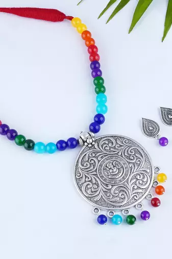 Silver plated oxidized german silver ganesha pendant with multicolor cotton thread beads necklace set with adjustable