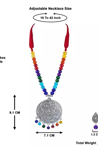 Silver plated oxidized german silver ganesha pendant with multicolor cotton thread beads necklace set with adjustable