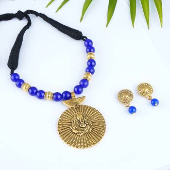 Gold plated oxidized german ganesha beaded necklaces set with cotton adjustable thread for women and girls.(blue) 2
