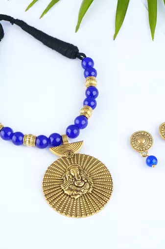 Gold plated oxidized german ganesha beaded necklaces set with cotton adjustable thread for women and girls.(blue)