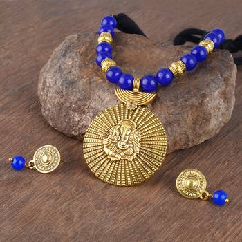 Gold plated oxidized german ganesha beaded necklaces set with cotton adjustable thread for women and girls.(blue) 3