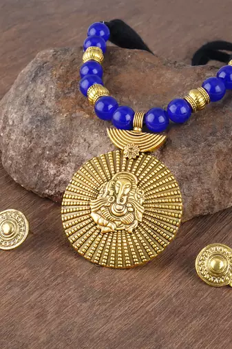 Gold plated oxidized german ganesha beaded necklaces set with cotton adjustable thread for women and girls.(blue)